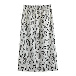 White And Black Music Note Pattern Print Cotton Front Slit Maxi Skirt