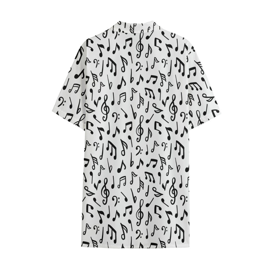 White And Black Music Note Pattern Print Cotton Hawaiian Shirt