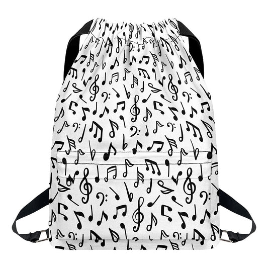 White And Black Music Note Pattern Print Drawstring Backpack