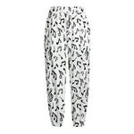 White And Black Music Note Pattern Print Fleece Lined Knit Pants
