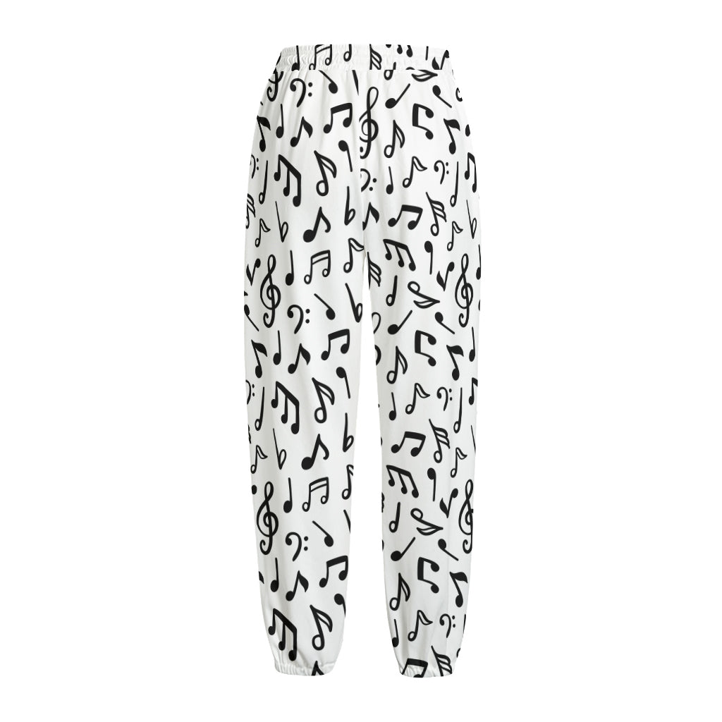 White And Black Music Note Pattern Print Fleece Lined Knit Pants