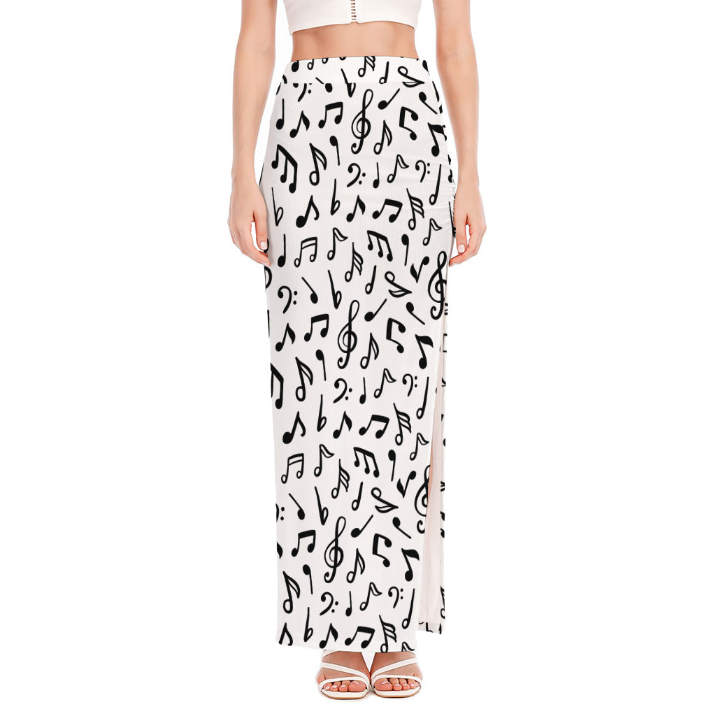 White And Black Music Note Pattern Print High Slit Maxi Skirt