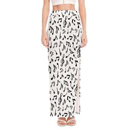 White And Black Music Note Pattern Print High Slit Maxi Skirt