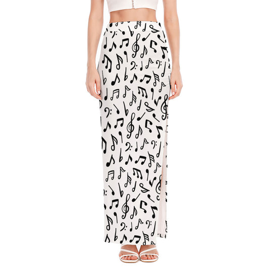 White And Black Music Note Pattern Print High Slit Maxi Skirt
