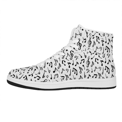 White And Black Music Note Pattern Print High Top Leather Sneakers