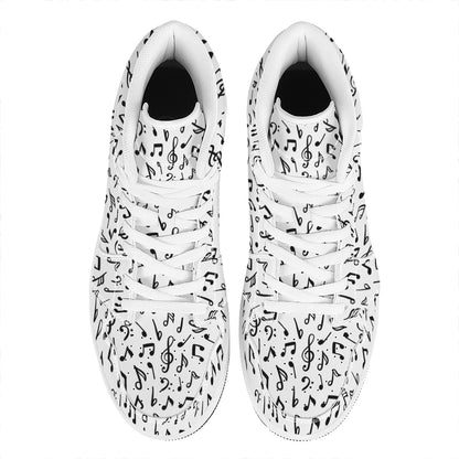 White And Black Music Note Pattern Print High Top Leather Sneakers