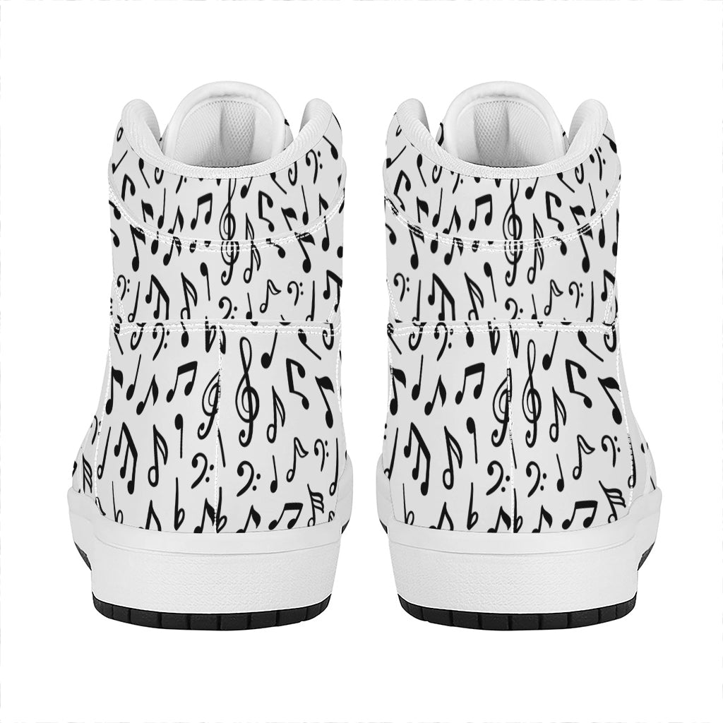 White And Black Music Note Pattern Print High Top Leather Sneakers