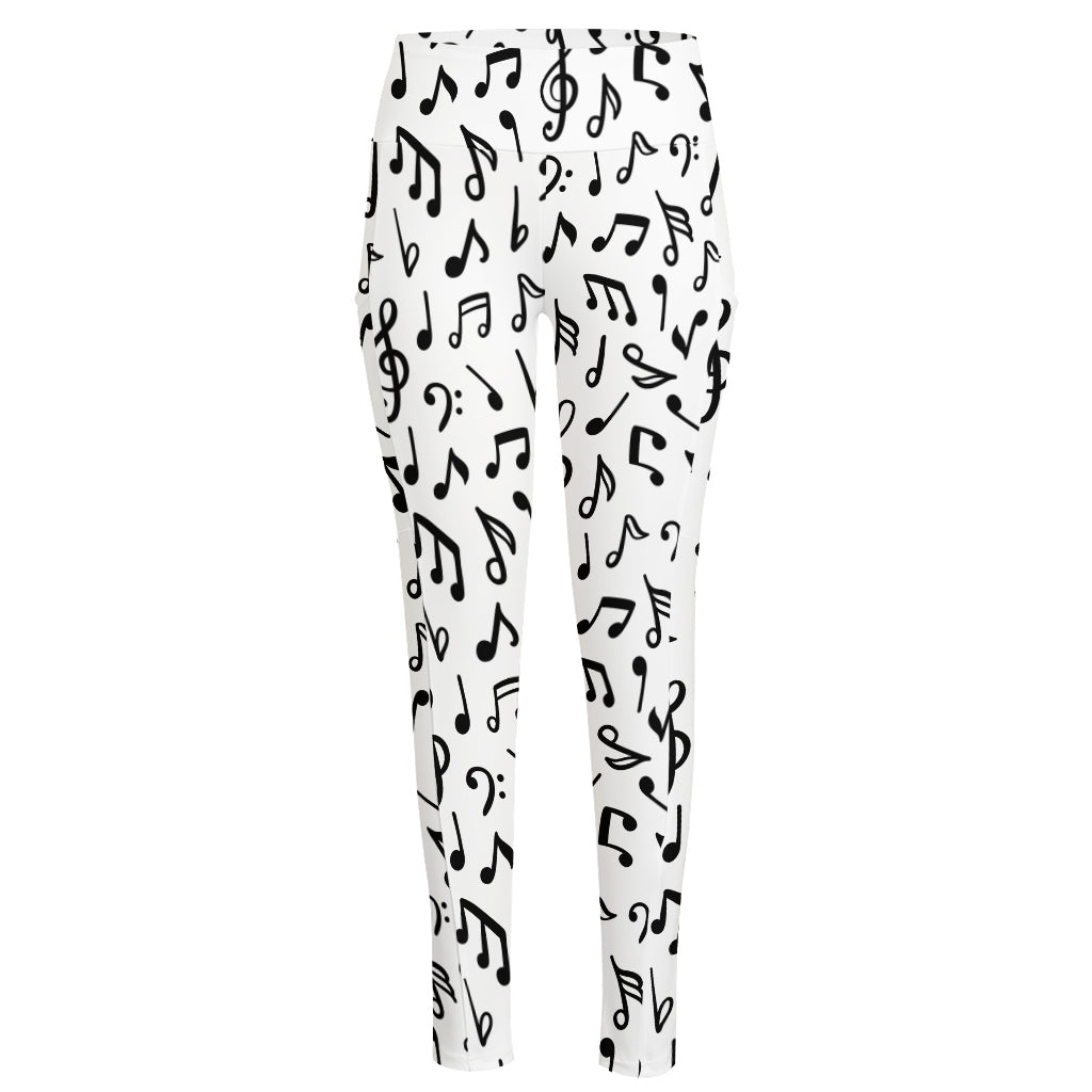 White And Black Music Note Pattern Print High-Waisted Pocket Leggings