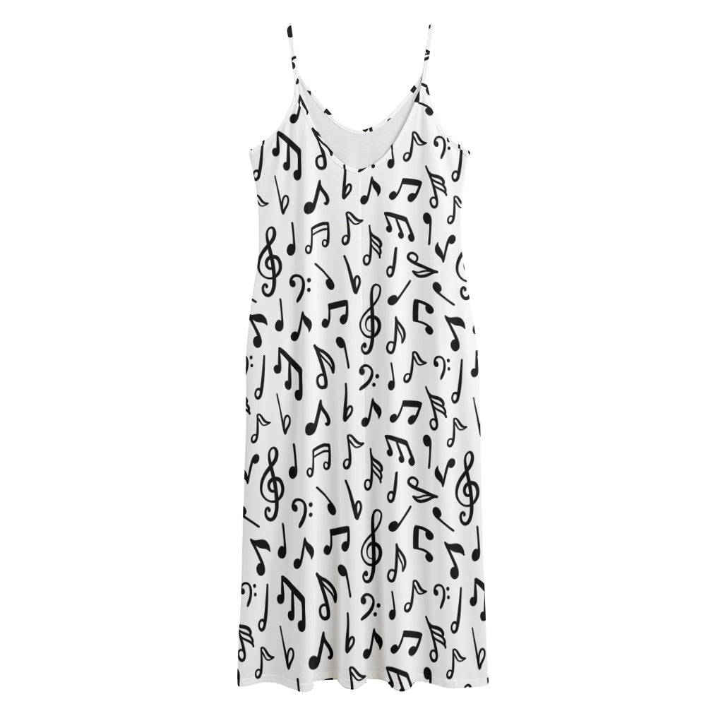 White And Black Music Note Pattern Print Jersey Midi Cami Dress
