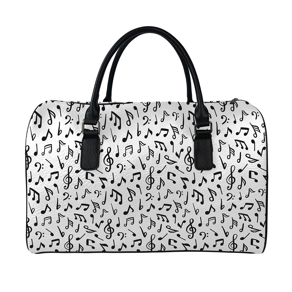 White And Black Music Note Pattern Print Leather Duffle Bag