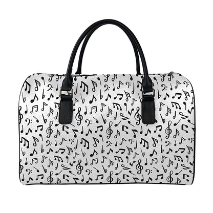 White And Black Music Note Pattern Print Leather Duffle Bag