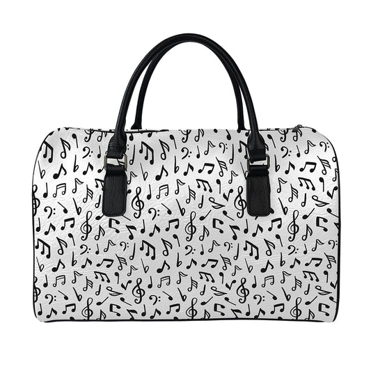 White And Black Music Note Pattern Print Leather Duffle Bag