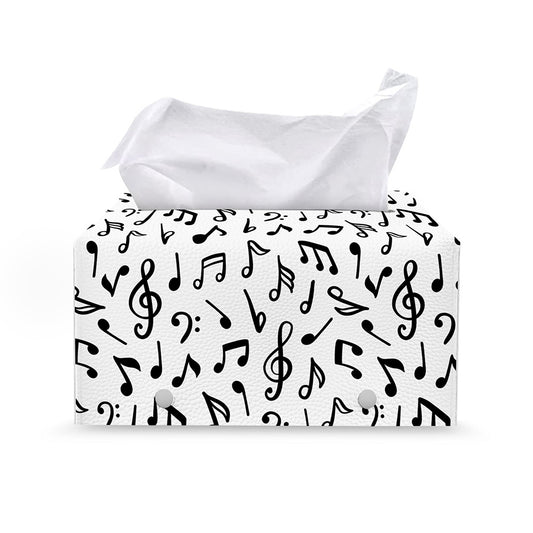 White And Black Music Note Pattern Print Leather Tissue Box Cover