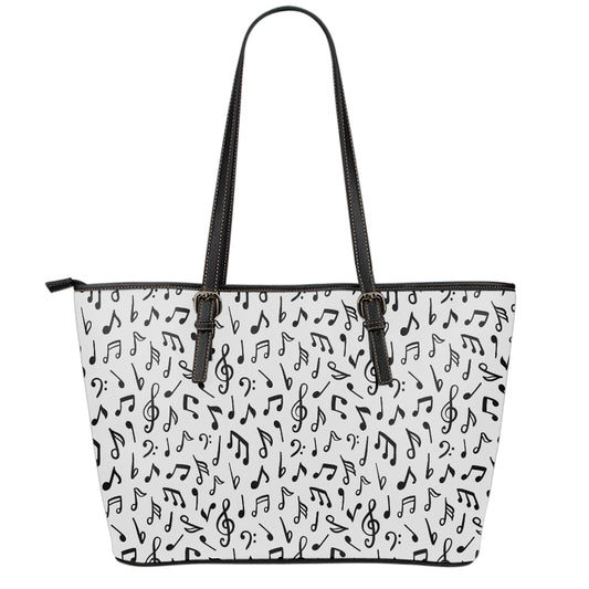 White And Black Music Note Pattern Print Leather Tote Bag