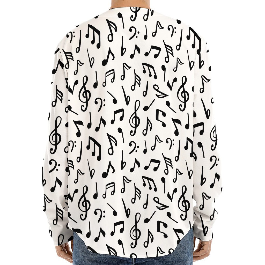 White And Black Music Note Pattern Print Long Sleeve Baseball Jersey