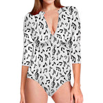 White And Black Music Note Pattern Print Long Sleeve Swimsuit