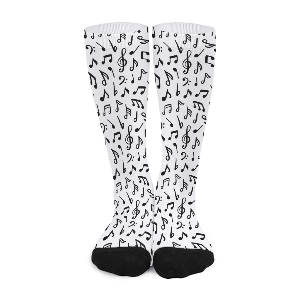 White And Black Music Note Pattern Print Long Socks