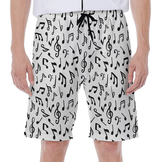White And Black Music Note Pattern Print Men's Beach Shorts
