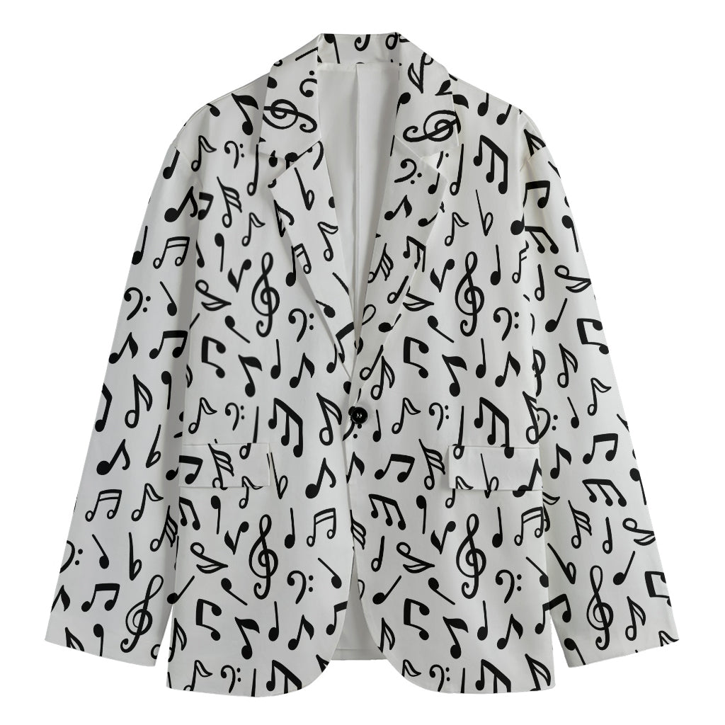 White And Black Music Note Pattern Print Men's Blazer