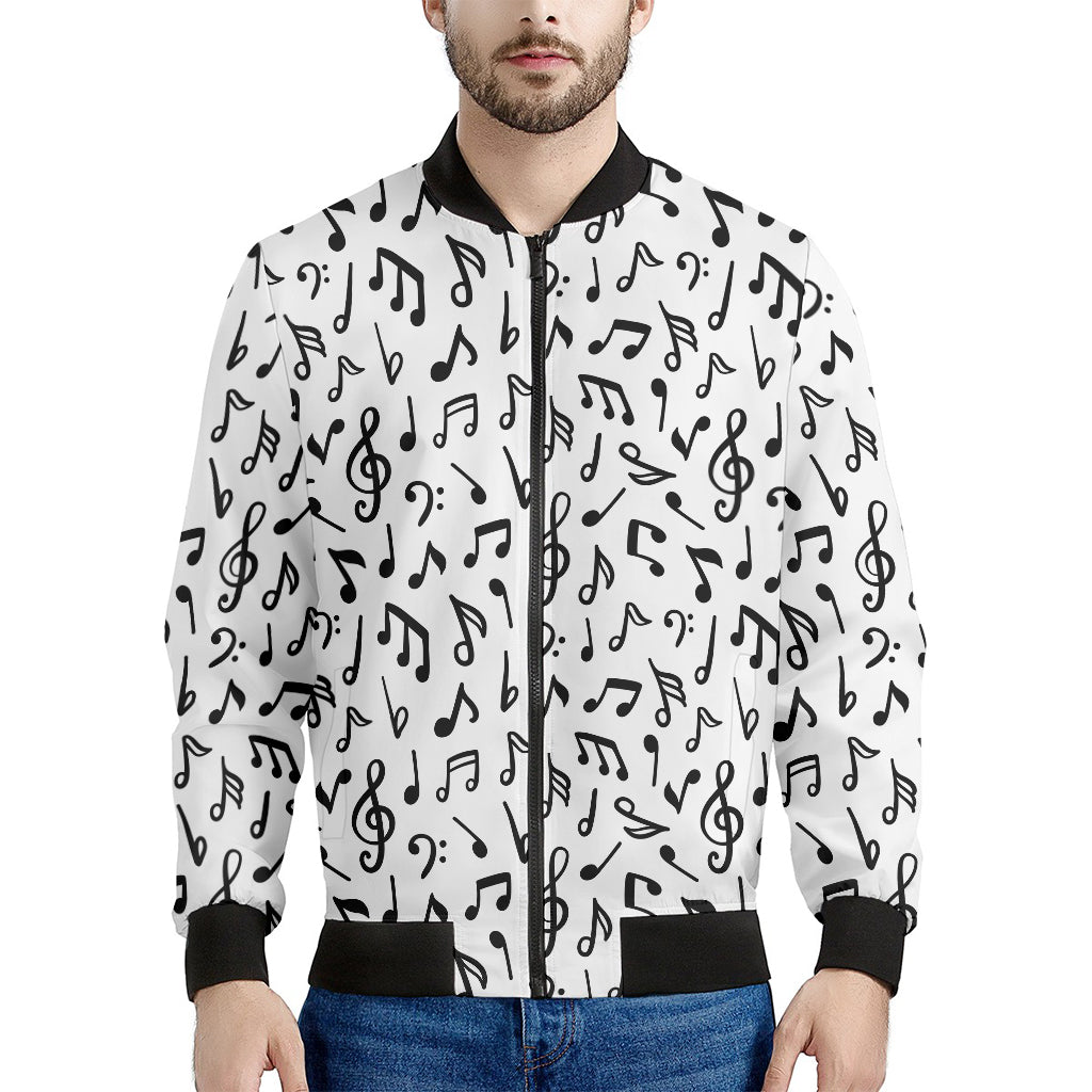 White And Black Music Note Pattern Print Men's Bomber Jacket