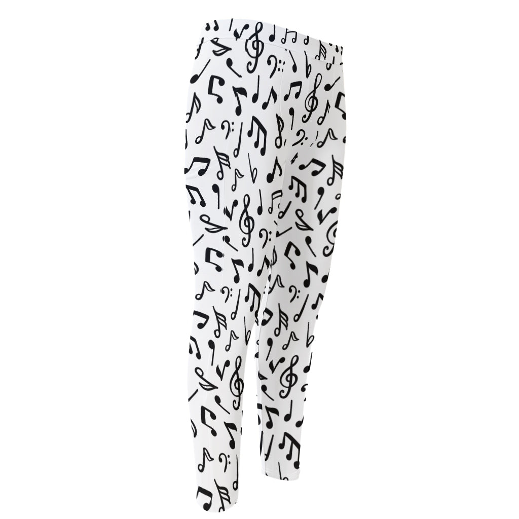 White And Black Music Note Pattern Print Men's Compression Pants