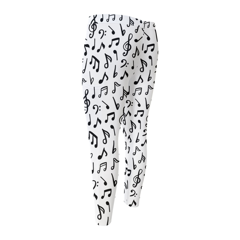 White And Black Music Note Pattern Print Men's Compression Pants