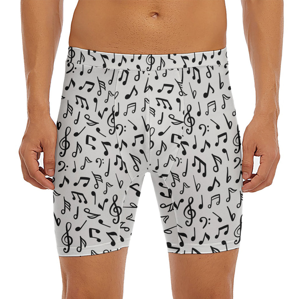 White And Black Music Note Pattern Print Men's Long Boxer Briefs