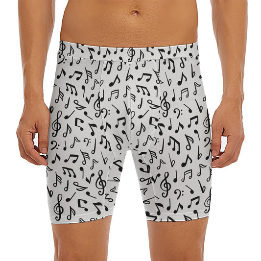 White And Black Music Note Pattern Print Men's Long Boxer Briefs