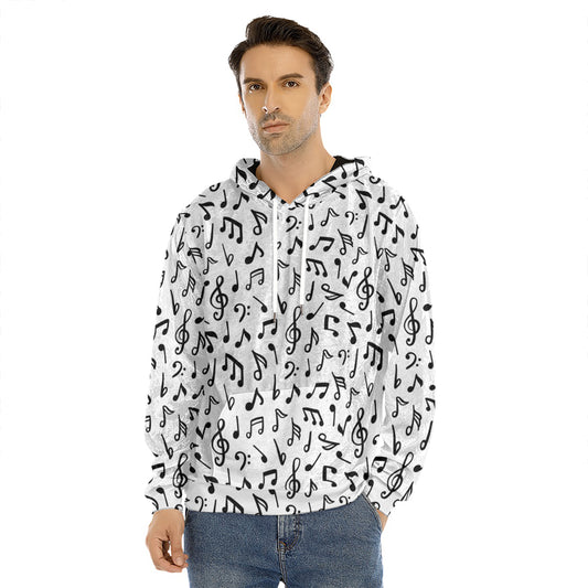 White And Black Music Note Pattern Print Men's Velvet Pullover Hoodie