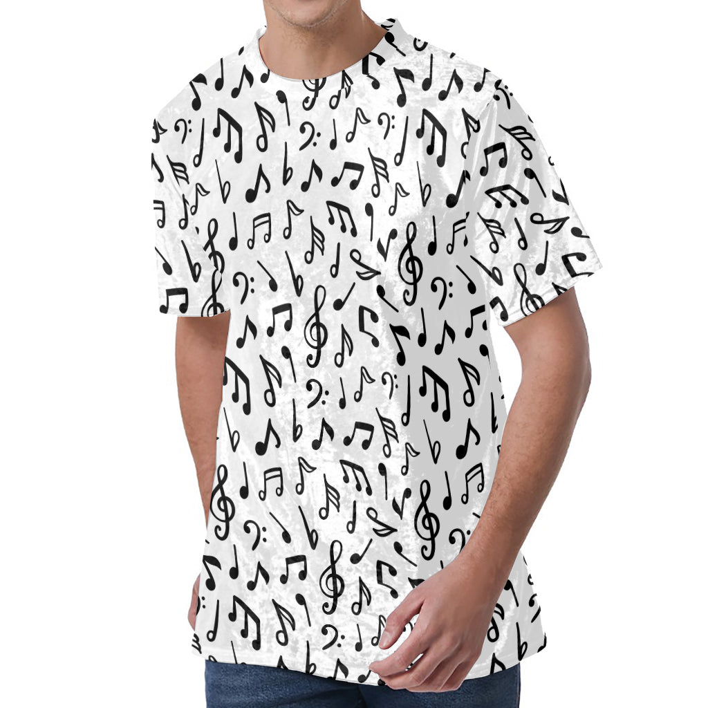 White And Black Music Note Pattern Print Men's Velvet T-Shirt