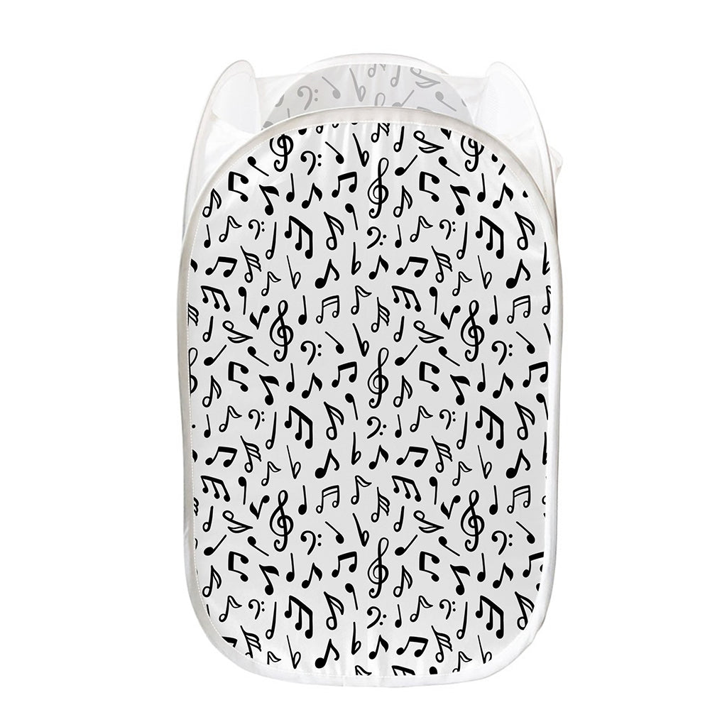White And Black Music Note Pattern Print Mesh Laundry Hamper