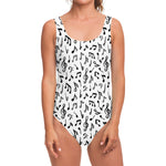 White And Black Music Note Pattern Print One Piece Swimsuit