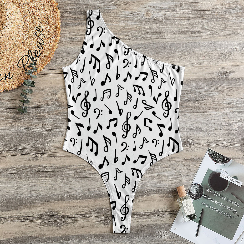 White And Black Music Note Pattern Print One Shoulder Bodysuit