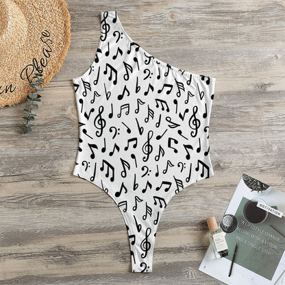 White And Black Music Note Pattern Print One Shoulder Bodysuit