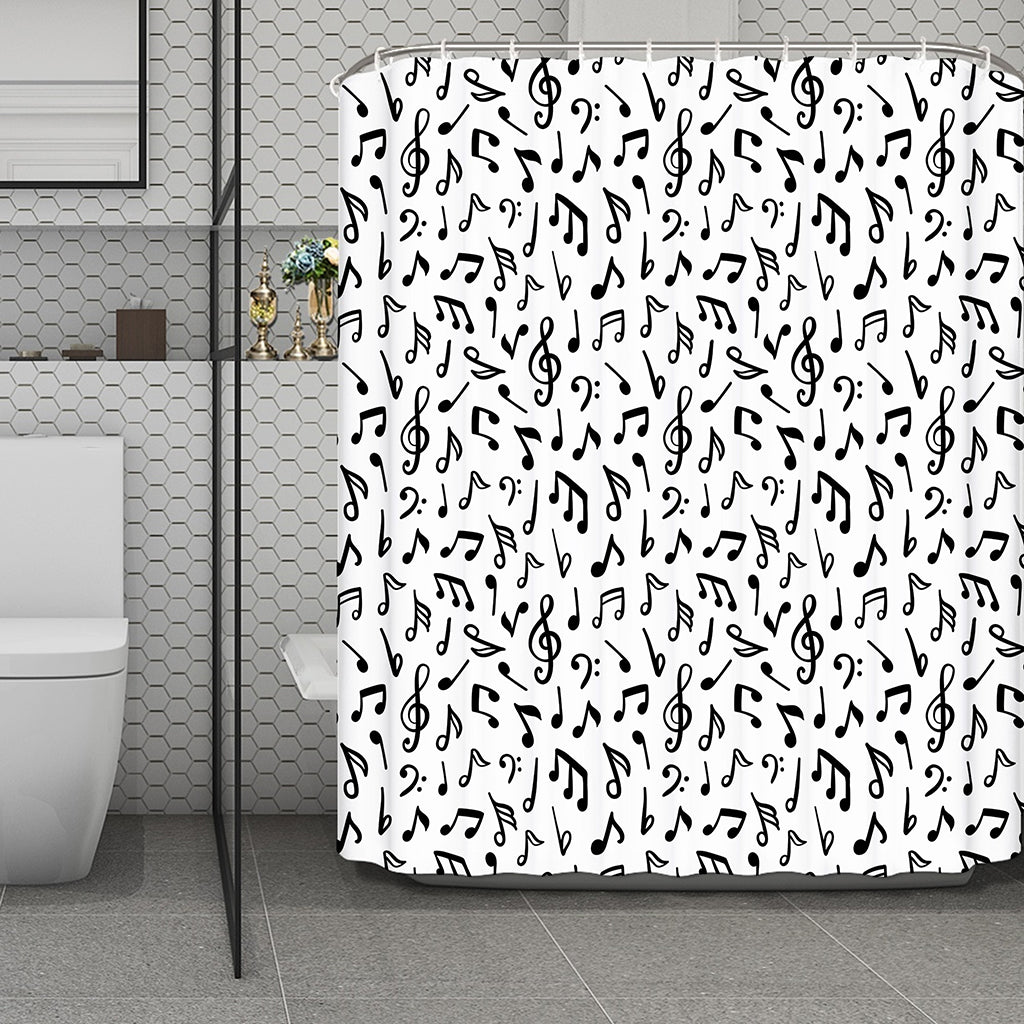 White And Black Music Note Pattern Print Polyester Shower Curtain