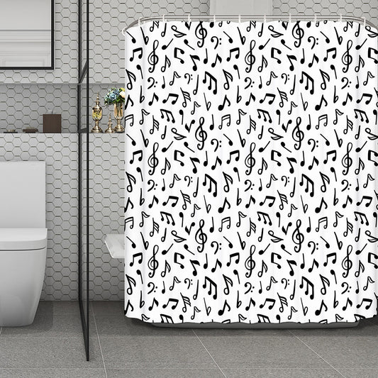 White And Black Music Note Pattern Print Polyester Shower Curtain