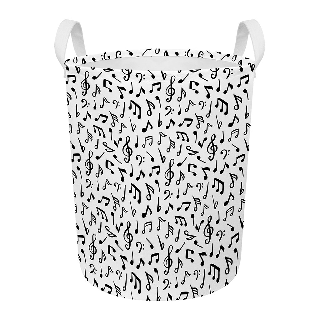 White And Black Music Note Pattern Print Round Laundry Basket