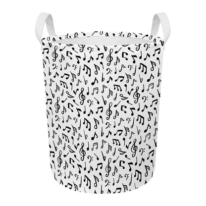 White And Black Music Note Pattern Print Round Laundry Basket