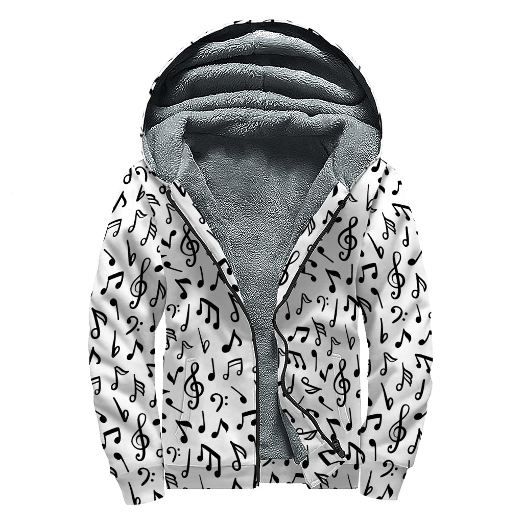 White And Black Music Note Pattern Print Sherpa Lined Zip Up Hoodie