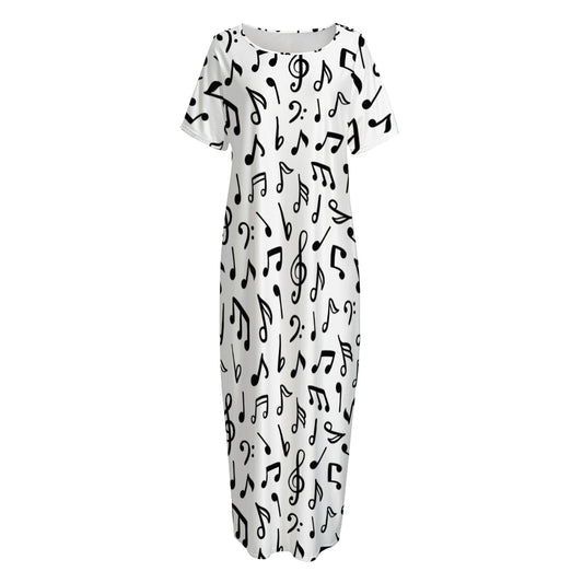 White And Black Music Note Pattern Print Short Sleeve Long Nightdress