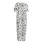 White And Black Music Note Pattern Print Short Sleeve Long Nightdress