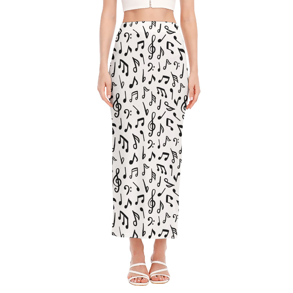 White And Black Music Note Pattern Print Side Slit Maxi Skirt