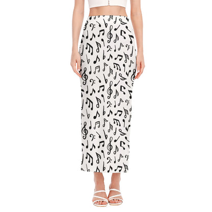 White And Black Music Note Pattern Print Side Slit Maxi Skirt