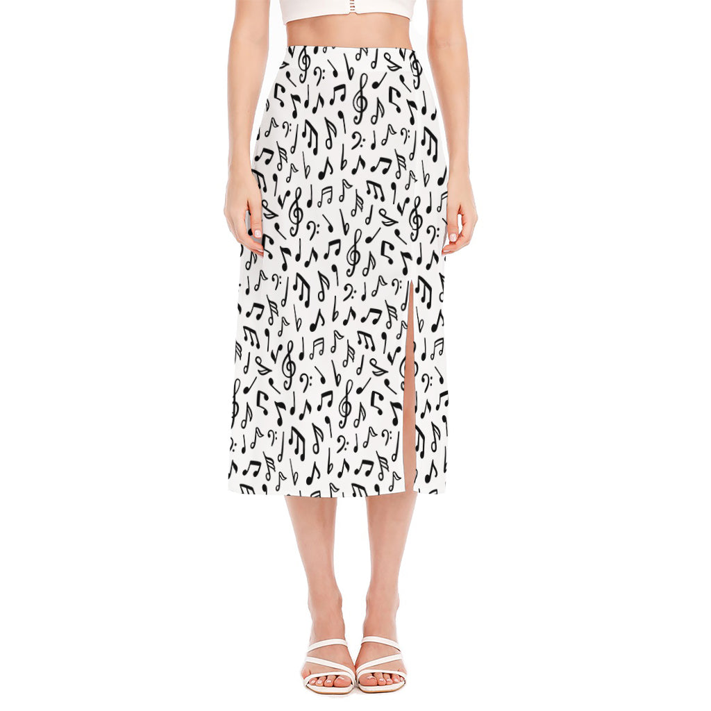 White And Black Music Note Pattern Print Side Slit Midi Skirt