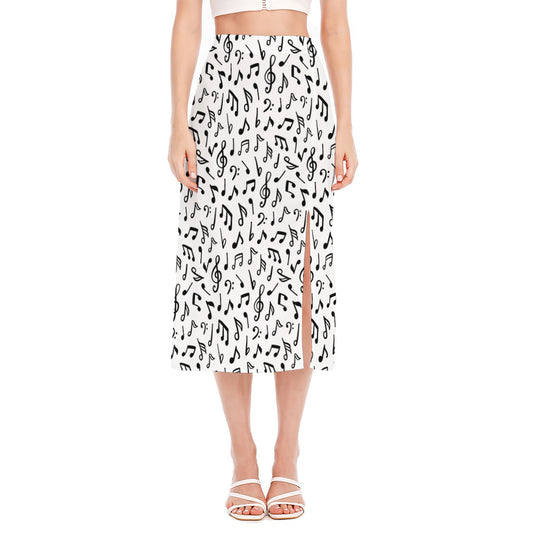 White And Black Music Note Pattern Print Side Slit Midi Skirt