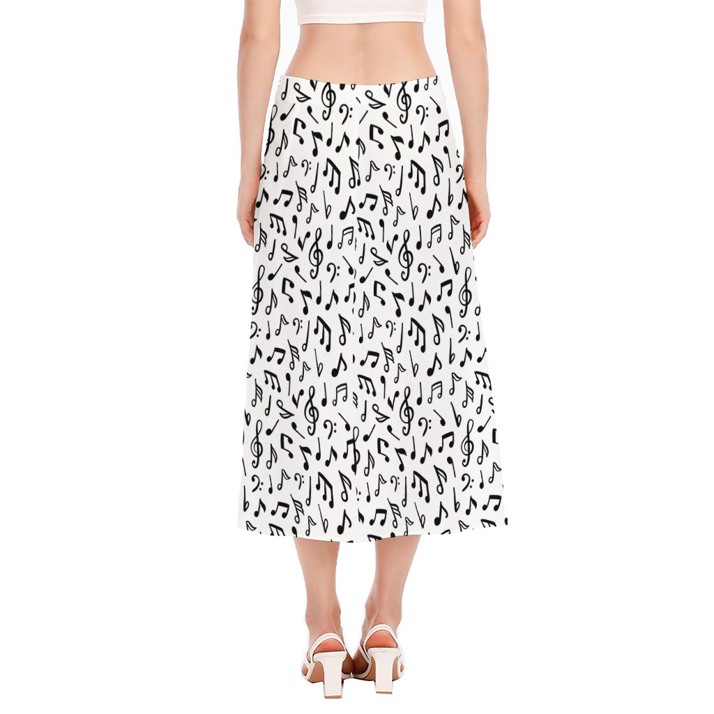 White And Black Music Note Pattern Print Side Slit Midi Skirt