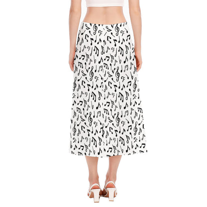 White And Black Music Note Pattern Print Side Slit Midi Skirt