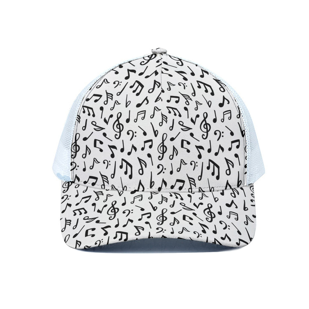 White And Black Music Note Pattern Print White Mesh Trucker Cap