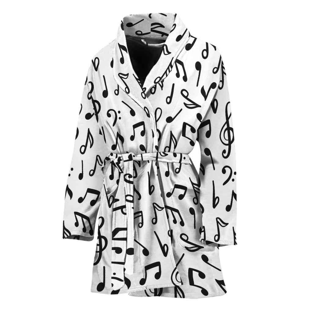 White And Black Music Note Pattern Print Women's Bathrobe