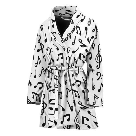 White And Black Music Note Pattern Print Women's Bathrobe